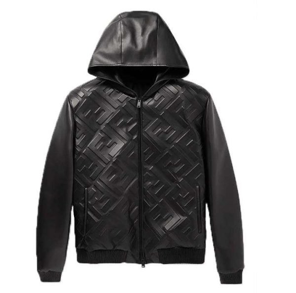 Black Logo-Embossed Leather Hooded Jacket