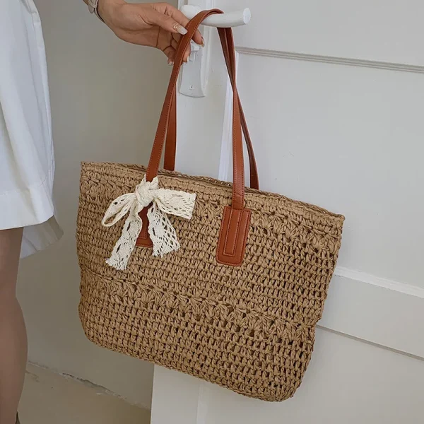 Breezy Beach Bliss: Woven Straw Tote Bag with Cutout Detail - Image 5