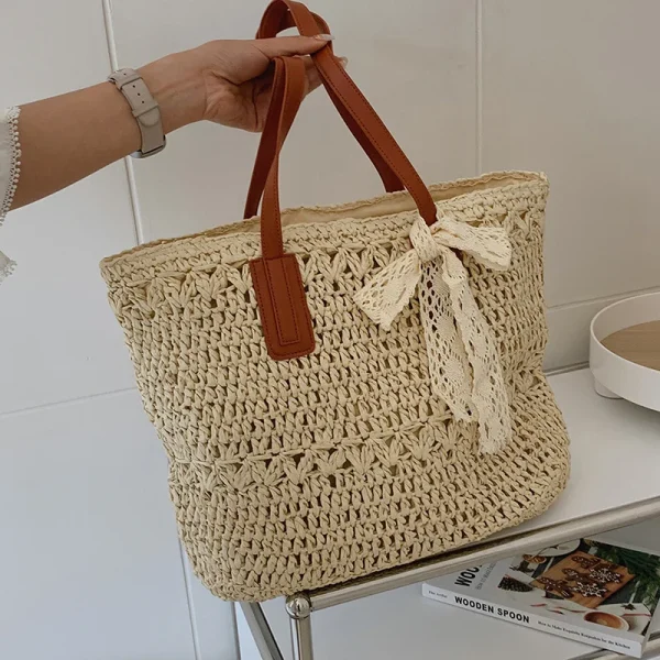 Breezy Beach Bliss: Woven Straw Tote Bag with Cutout Detail - Image 2