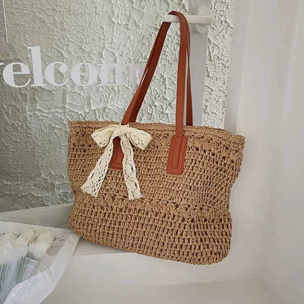 Breezy Beach Bliss: Woven Straw Tote Bag with Cutout Detail - Image 3