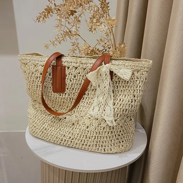 Breezy Beach Bliss: Woven Straw Tote Bag with Cutout Detail