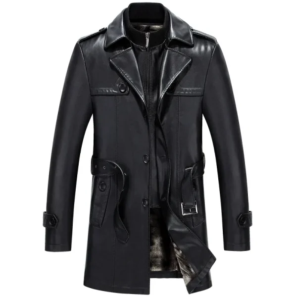 Men's Black Sheepskin Long Leather Trench Coat