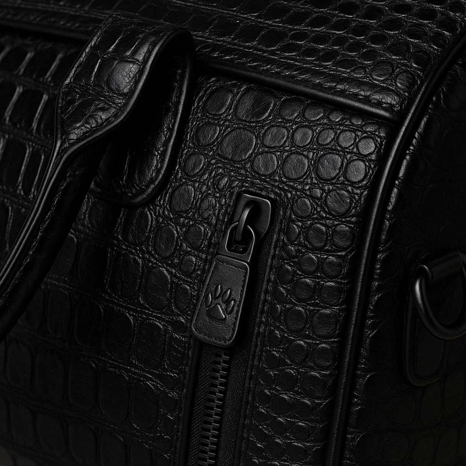 Close-Up of Crocodile Embossed Leather and Premium Zipper Detail