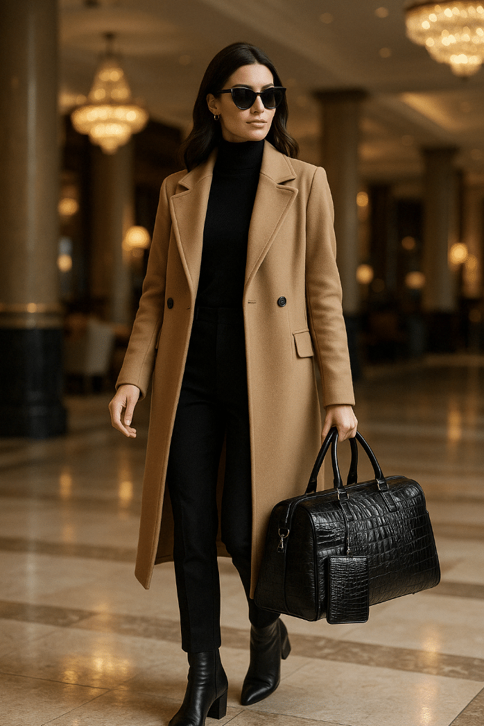 Elegant Woman Carrying Crocodile Duffel Bag in Luxury Hotel
