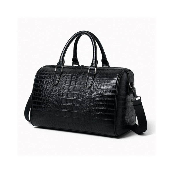 a black leather bag with a strap