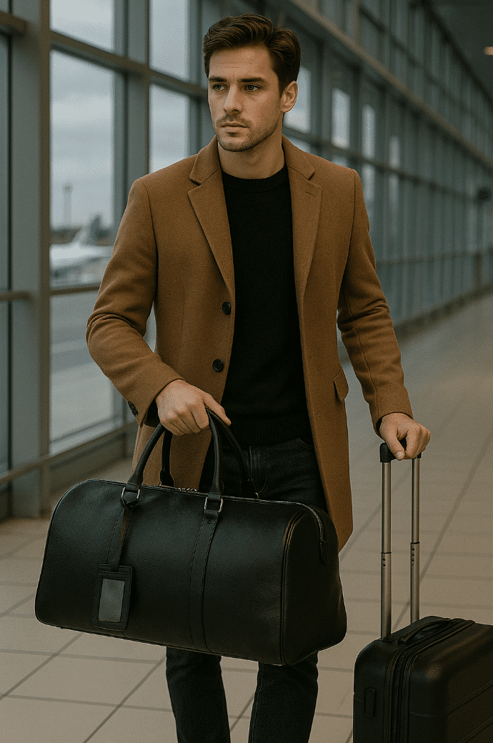 Open black leather duffel bag showing quilted beige interior lining and inner zipper pocket on a white background.