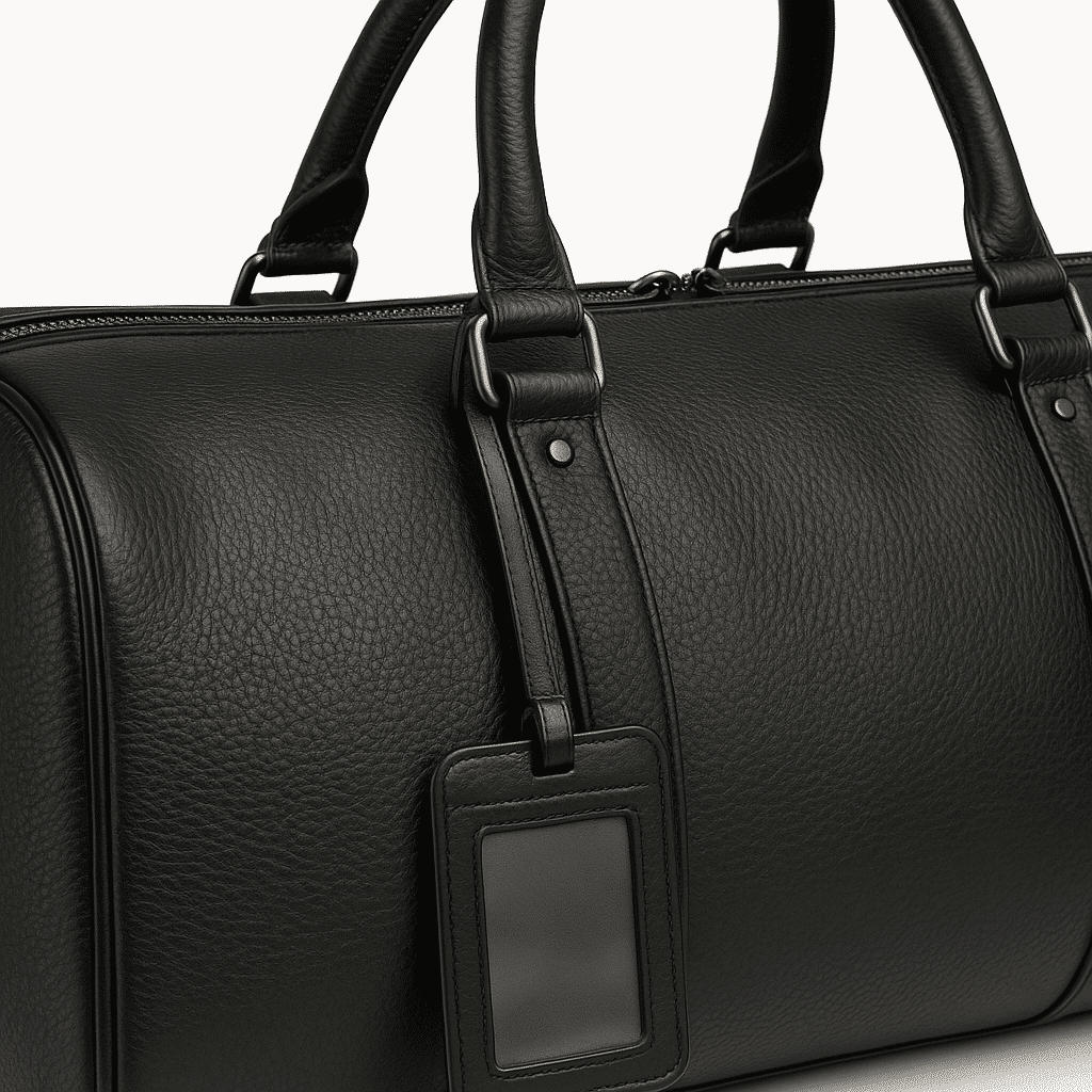 Close-up view of black leather duffel bag highlighting texture, stitching, and metal hardware for premium craftsmanship.