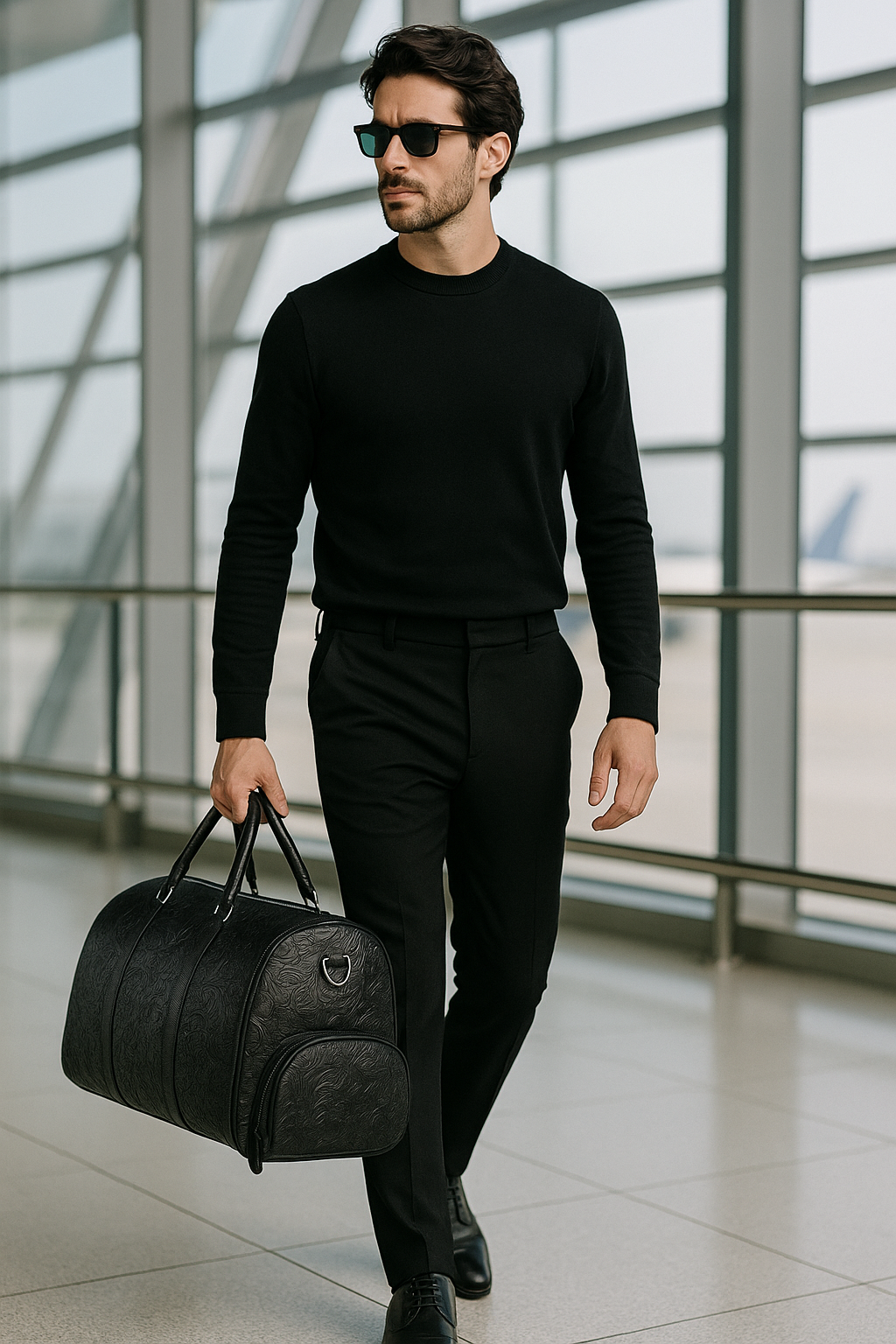 Man in an all-black outfit carrying a black embossed luxury leather duffel bag at an airport