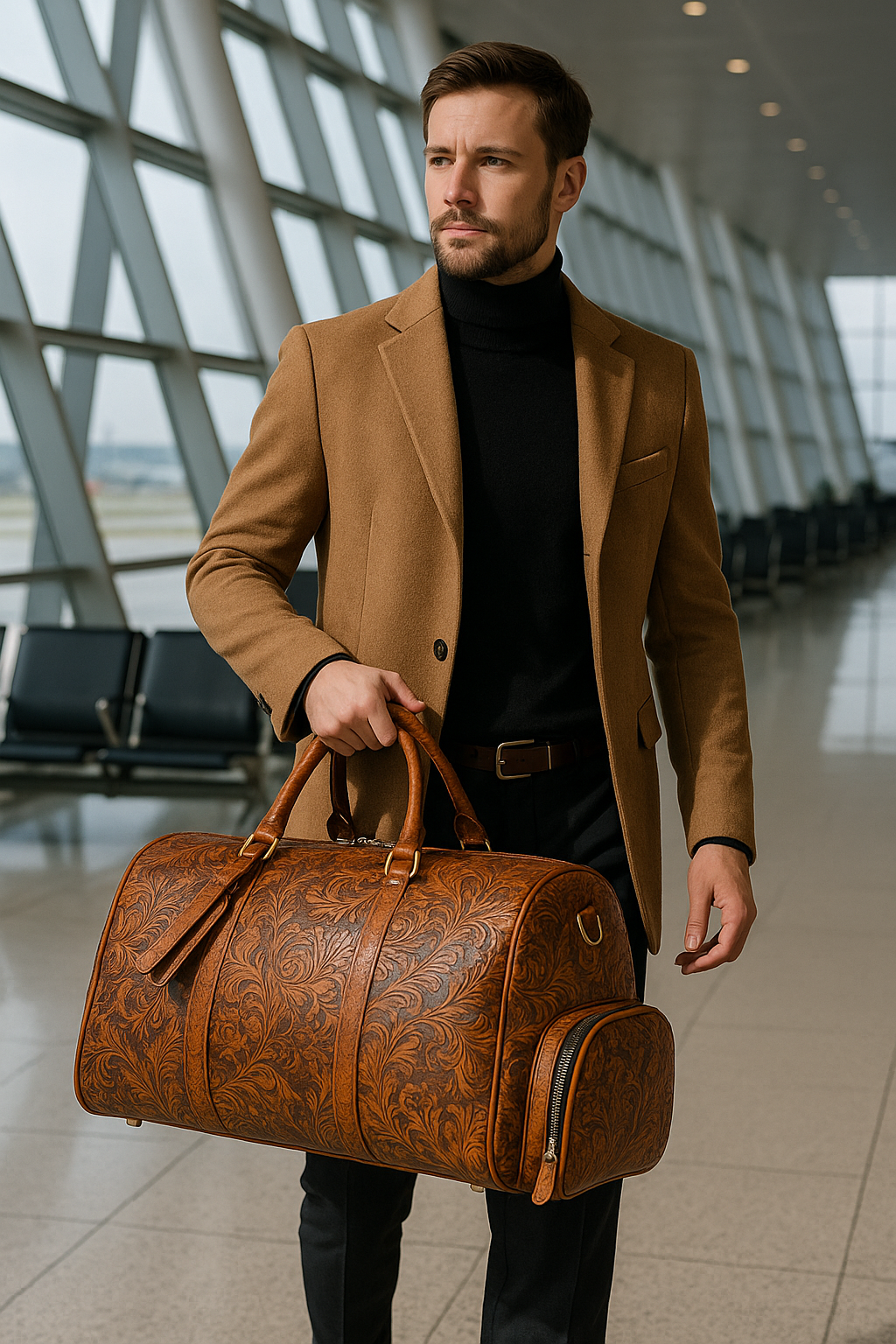 Man in camel coat carrying a brown embossed leather duffel bag outside a luxury building