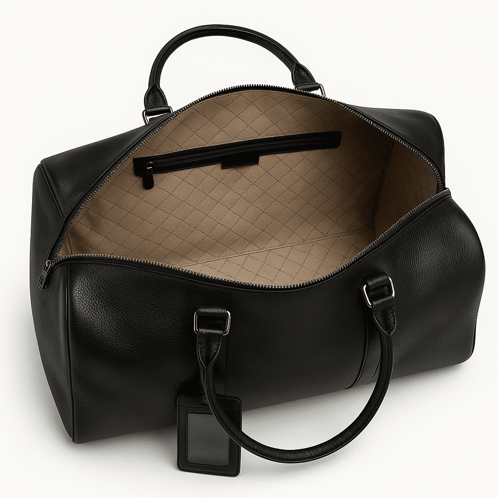 Open black leather duffel bag showing quilted beige interior lining and inner zipper pocket on a white background.