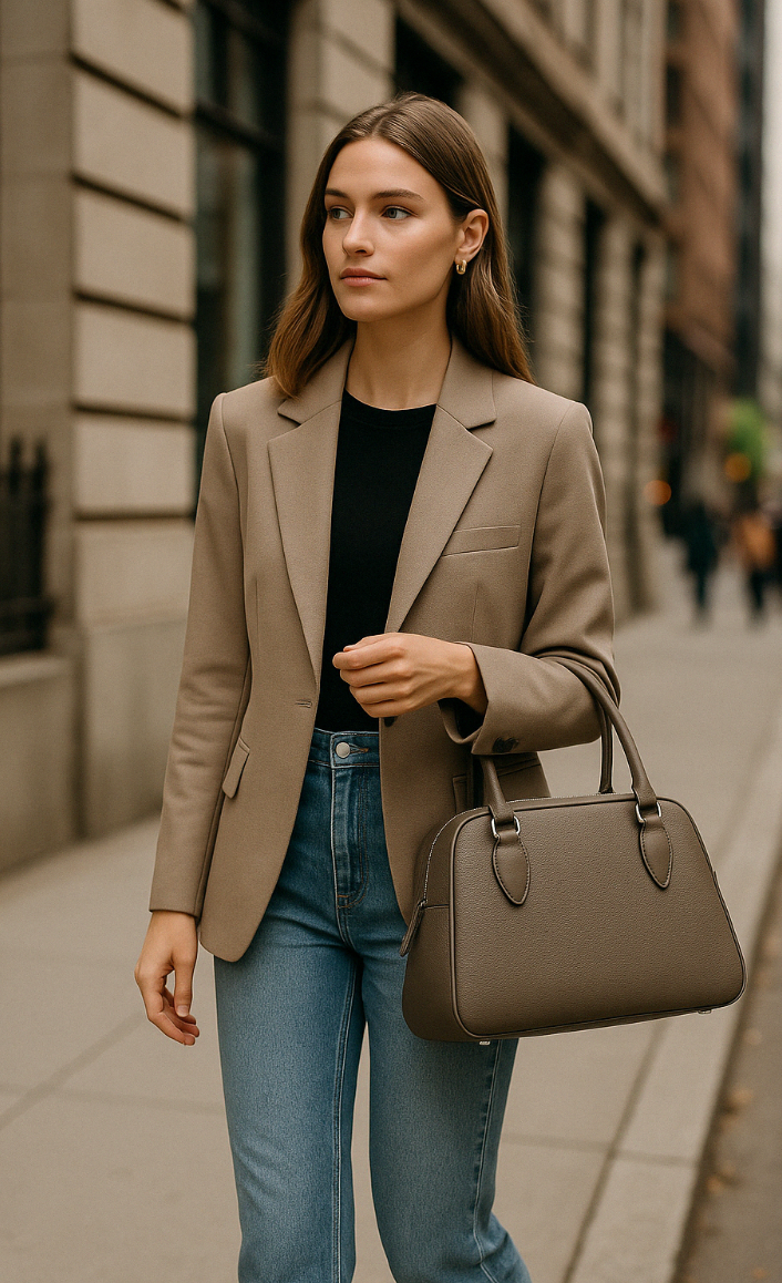 Grey Structured Boston Tote – Cowskin Leather Bag