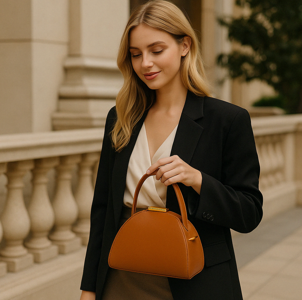 SLEEK SIDE ANGLE VIEW OF COGNAC LEATHER DOME HANDBAG