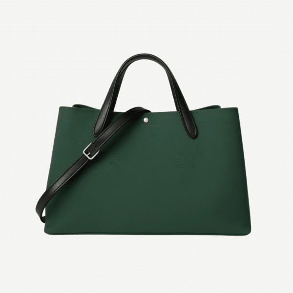Vintage cowhide canvas tote bag in green with black leather handles and shoulder strap – large, stylish, and durable shoulder bag.