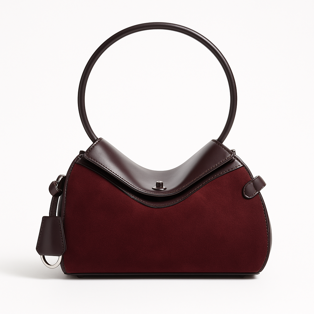 Bordeaux suede and leather structured top handle bag with a circular handle on a white background – luxury handbag from Halfave.