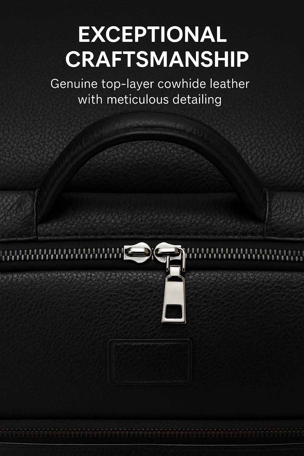 Close-up view of a black genuine cowhide leather luxury backpack showing fine stitching, textured grain, and polished silver zippers highlighting Halfave craftsmanship.
