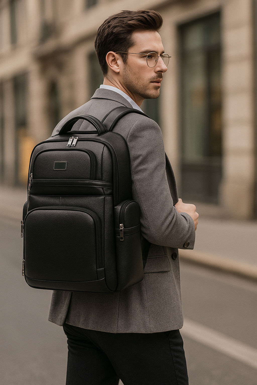 Business casual man walking on a city street wearing a genuine leather cowhide backpack from Halfave, showcasing a luxury urban executive style.