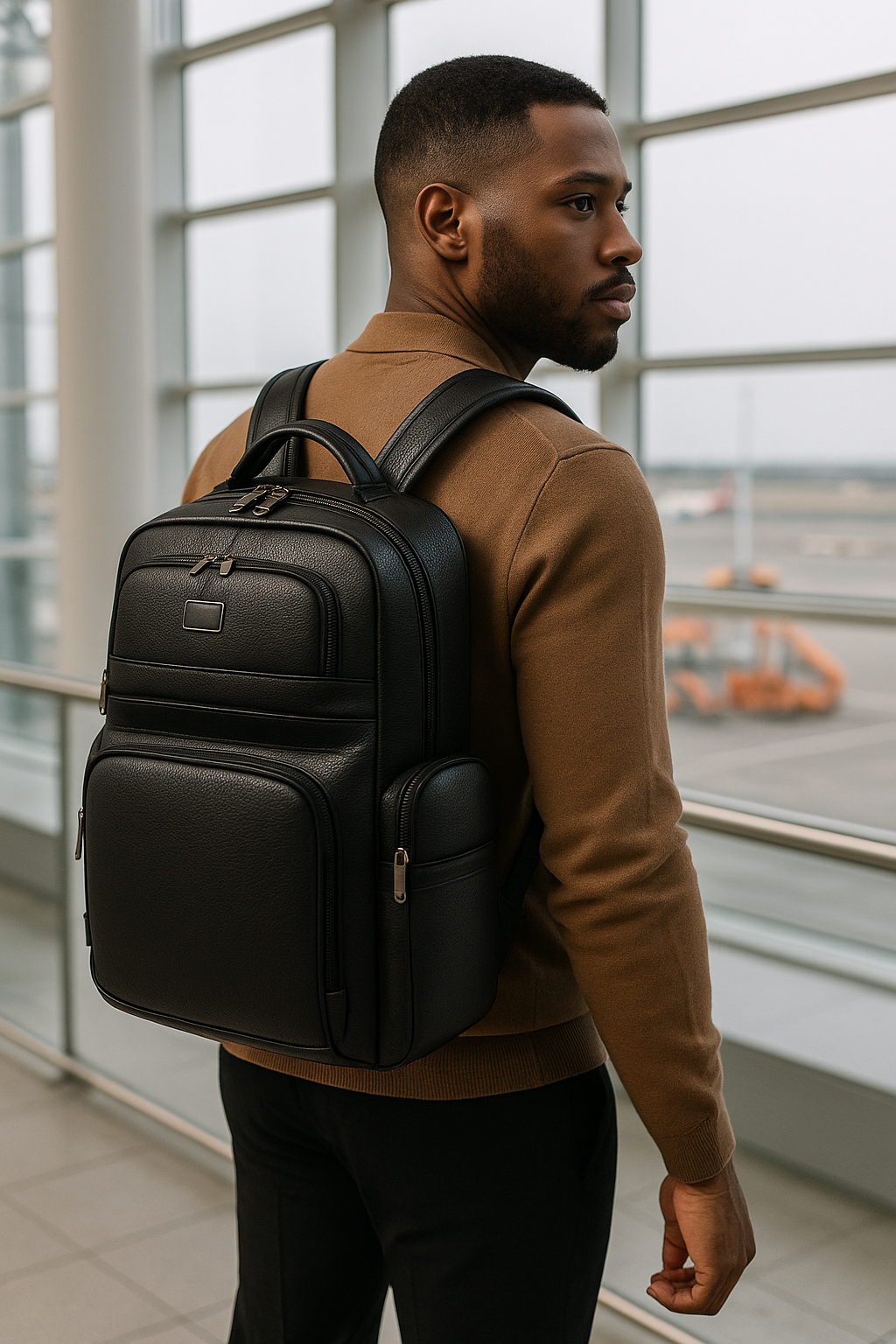 camel sweater standing in an airport terminal wearing a genuine leather cowhide backpack from Halfave, showcasing luxury travel style.